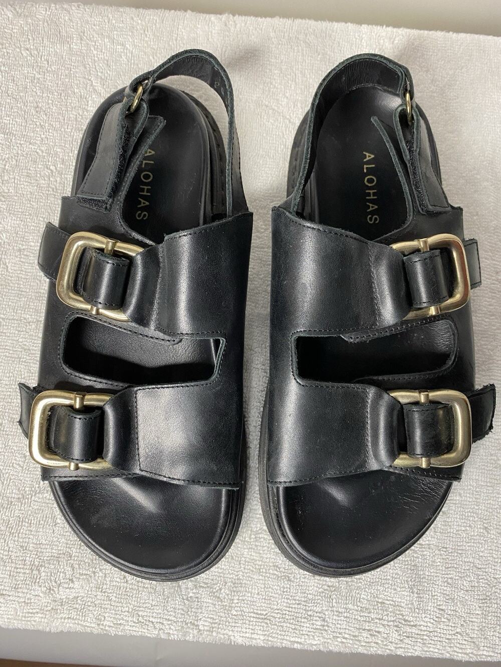Alohas Harper Black Leather Double Strap Buckle Platform Sandals EU 39 US 8-8.5